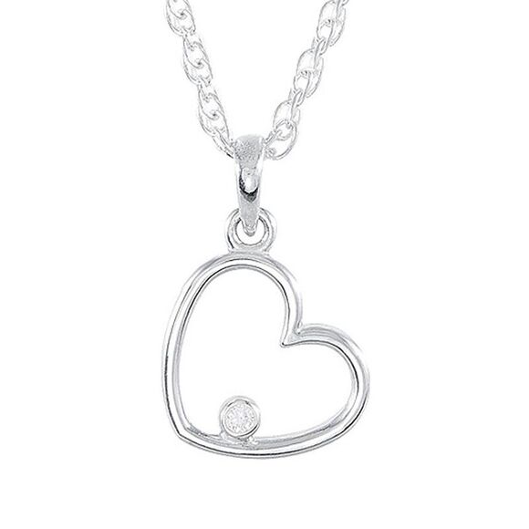 Solitaire Diamond Heart Necklace in Sterling Silver 18 Inch